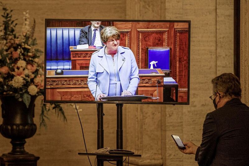 Northern Ireland First Minister Arlene Foster appears on a television screen giving her resignation speech as First Minster to the Stormont Assembly at Parliament Buildings in Belfast. PA Photo. Picture date: Monday June 14 2021. See PA story ULSTER Politics. Photo credit should read: Liam McBurney/PA Wire. 