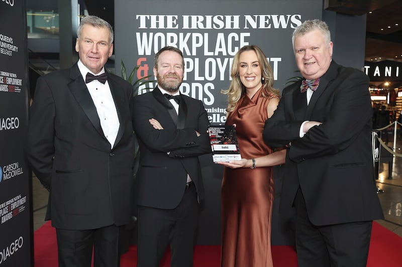 Irish News editor Noel Doran, comedian and awards host Neil Delamare, chief marketing officer Annette McManus and business editor Gary McDonald at the Workplace and Employment Awards at Titanic Belfast