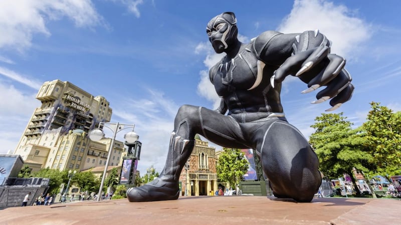 A statue of Marvel character Black Panther in Walt Disney Studios Park during the Marvel Summer of Super Heroes season 