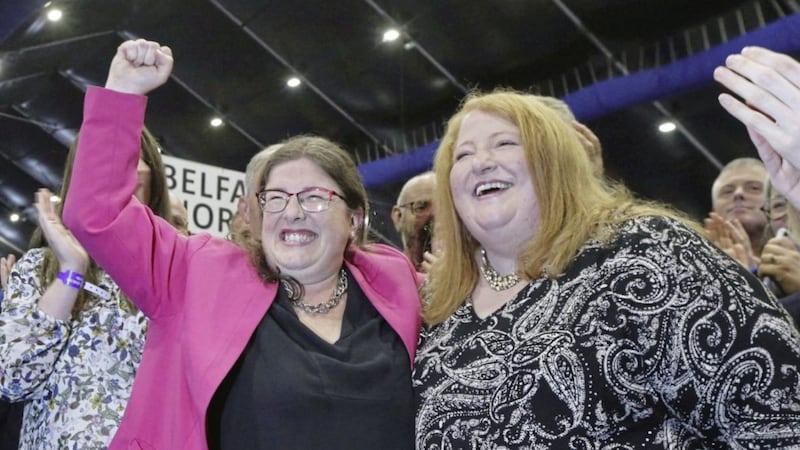 Alliance's Kellie Armstrong celebrates her election with party leader Naomi Long. Picture by Hugh Russell