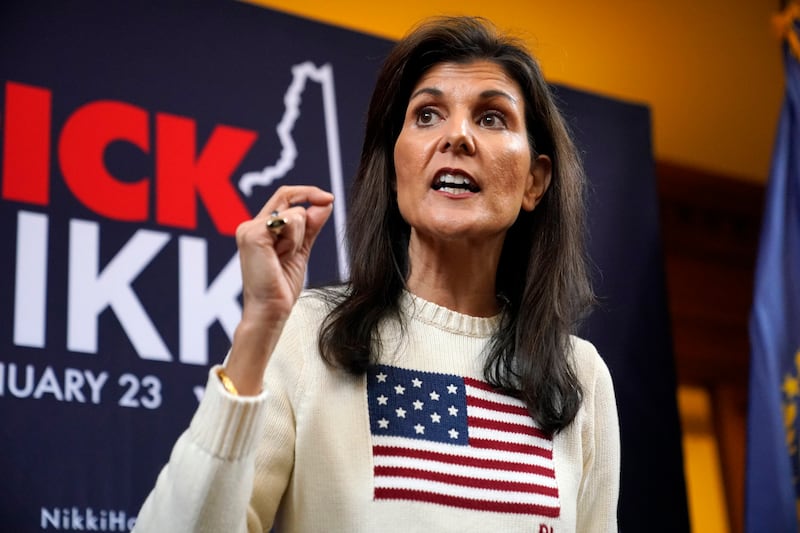 Republican presidential candidate Nikki Haley speaks to reporters after a campaign stop in Peterborough, New Hampshire (Robert F Bukaty/AP)