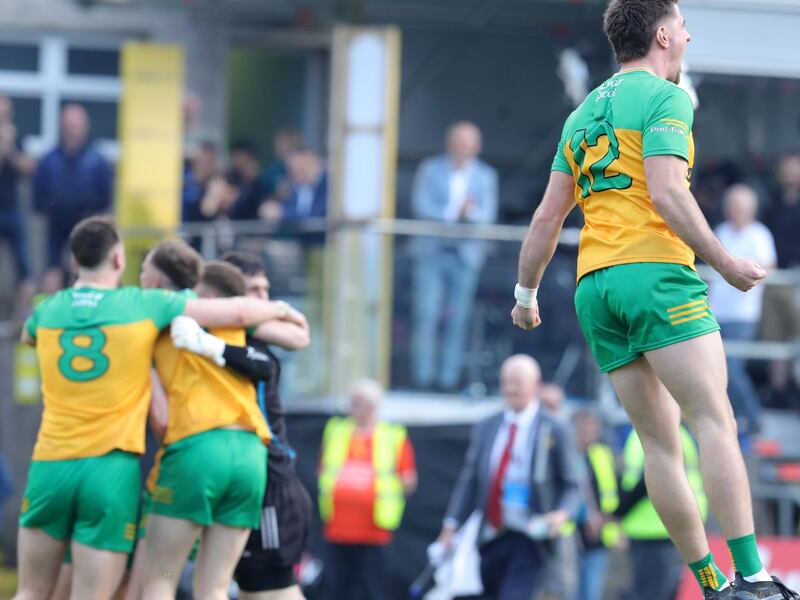 The Donegal players celebrate after Sunday's dramatic Ulster final victory over Armagh. Picture by Philip Walsh
