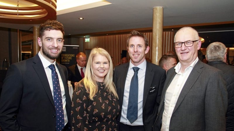 Sam McManus, AECOM; Sarah Venning, chief executive, NI Water; Duncan Gracie, AECOM; and Paul harper, NI Water; launching AECOM&rsquo;s annual review of the north&#39;s construction industry 
