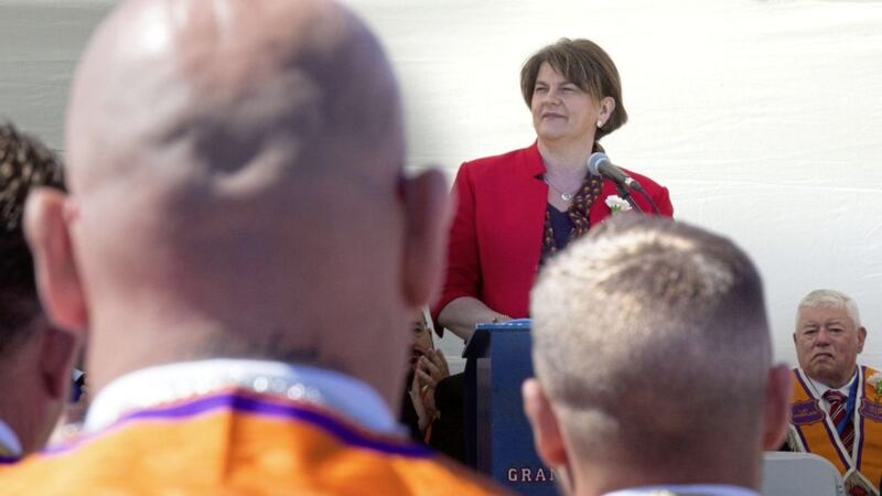DUP leader Arlene Foster speaks before an Orange Order march in Cowdenbeath in Scotland. Picture by David Cheskin/PA Wire 