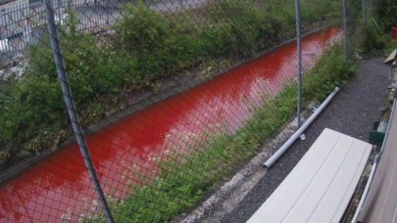 Red dye in the Blackstaff River in Belfast. Picture from BBC 