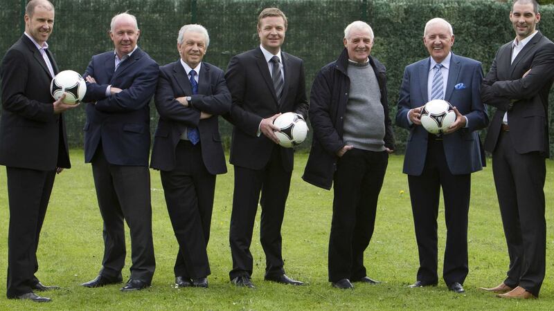Republic of Ireland soccer stars: (l to r): Kenny Cunningham, Liam Brady, John Giles, Darragh Maloney, Eamon Dunphy, the late Bill O'Herlihy, Richie Sadlier&nbsp;<br />&nbsp;
