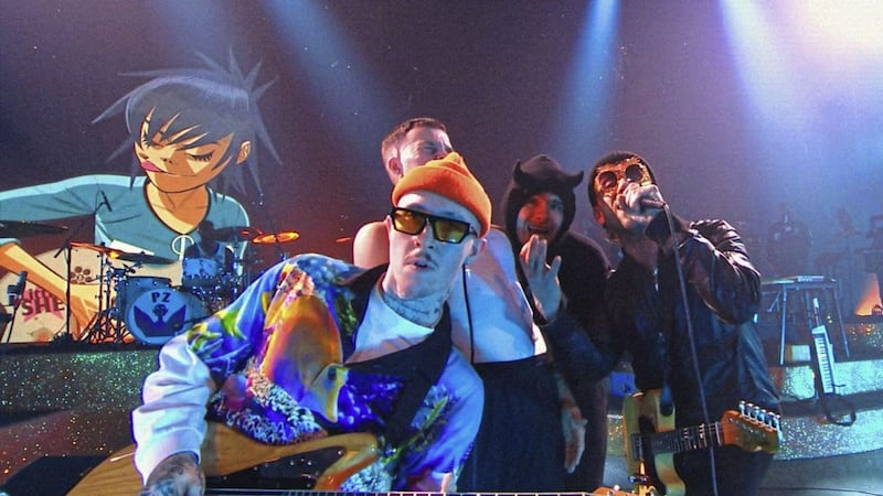 Gorillaz, with Damon Albarn (far right), performing Song Machine: Live From Kong 