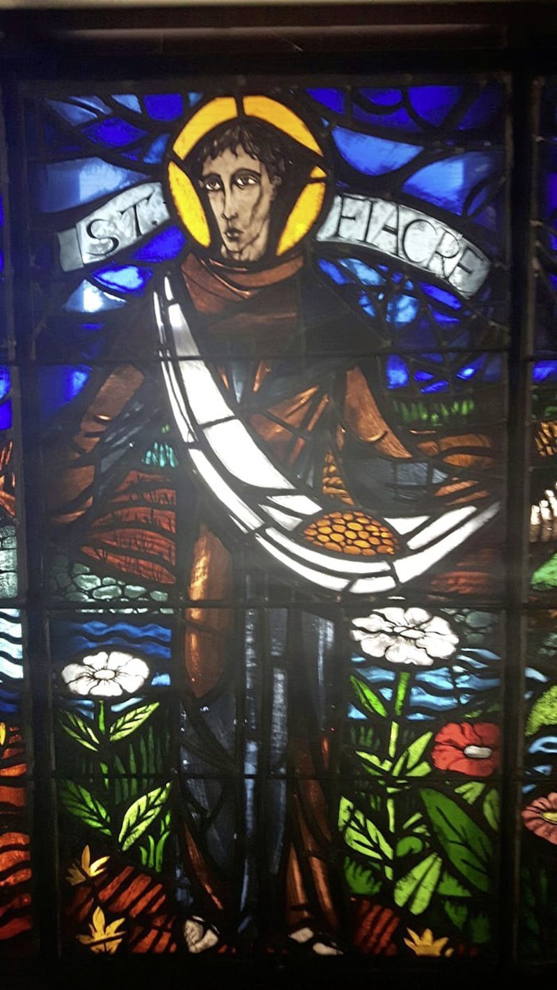 St Fiacre is the patron saint of gardeners - which may be of interest to those nursing a sore back thanks to their lockdown exertions in the garden. He arrived from Ireland to Meaux in France in AD628. Today he is commemorated in St Fiacre's Church, Loughboy, Kilkenny where artist Patrick Muldowney's magnificent stained glass depiction can be found