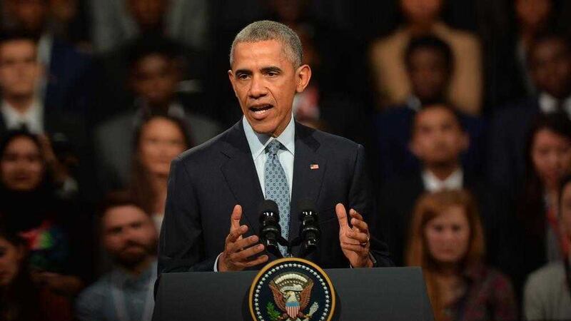 US President Barack Obama at Lindley Hall in Westminster, London, where he held a &quot;town hall-style&quot; on Saturday 