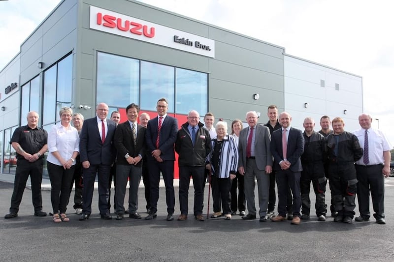 The new Eakin Bros Isuzu dealership in Maydown was opened by Isuzu Europe MD and CEO Mikio Tsukui and Isuzu UK MD William Brown. They are pictured with the Eakin family and their team