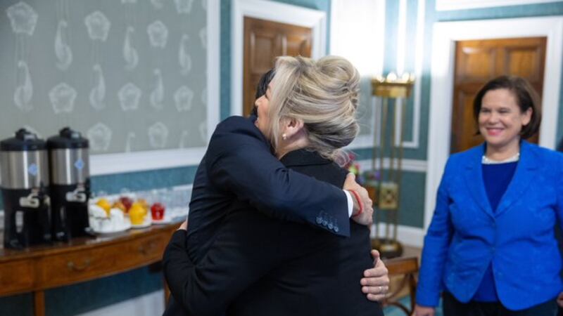 Prime minister Rishi Sunak and First Minister Michelle O'Neill embrace at Stormont as Sinn Féin president Mary Lou McDonald looks on. PICTURE: SIMON WALKER/10 DOWNING STREET