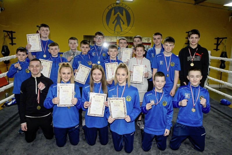 Clonard ABC celebrate coming away with 20 medals &ndash; 17 golds and three silvers &ndash; from the recent Armagh and Down Championships, which were held at Silverbridge Boxing Club. Picture by Mark Marlow 