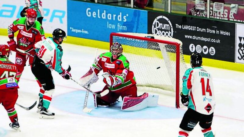 CHANCE: David Rutherford has an attempt on goal during the Belfast Giants&rsquo; 3-2 overtime win over Cardiff Devils on Saturday night. Picture by Helen Brabon