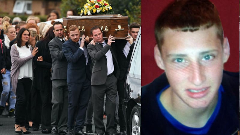 Family and friends at the funeral of teenager Nathan Ritchie, right, who died in a fall at the Westlink in Belfast 
