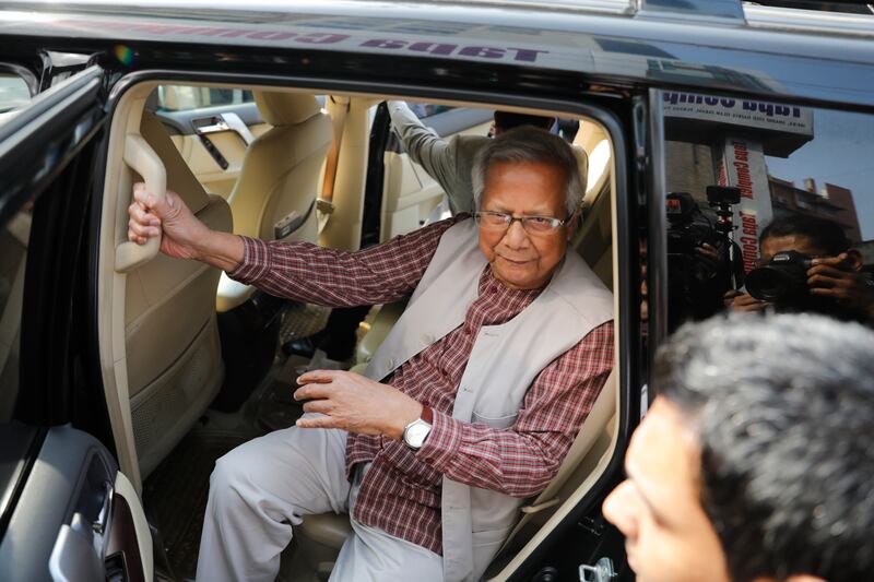 Nobel Peace Prize winner Muhammad Yunus arrives to appear before a labour court in Dhaka, Bangladesh (Mahmud Hossain Opu/AP)