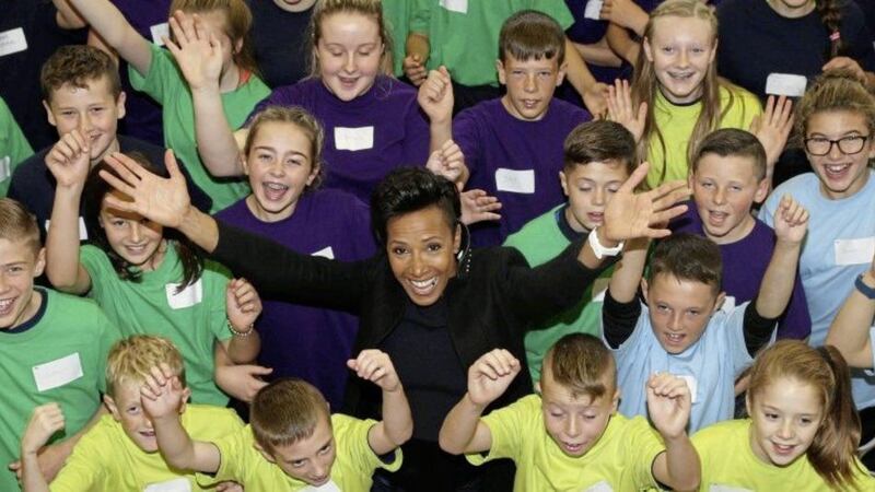 Over 150 young people from across Northern Ireland came together with Dame Kelly Holmes yesterday to launch the Youung Leaders Training and Ambassadors Programme. Picture by Hugh Russell 