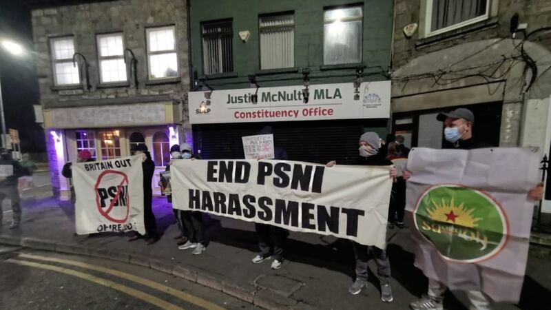 Saoradh hold an anti-PSNI protest outside the office of Justin McNulty 