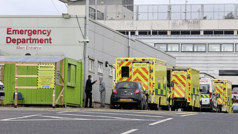 Ambulances queued up outside the Emergency Department of the Ulster Hospital in Dundonald. Picture by Mal McCann 