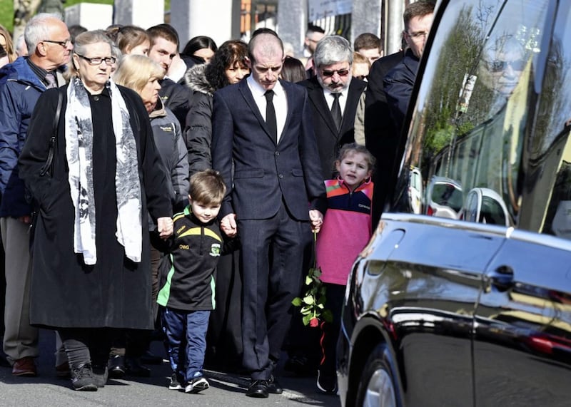 Family and friends at Ruth Maguire&#39;s funeral in Ligoniel, north Belfast. Picture by Photopress 