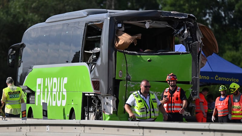 One of the crashed buses at the scene of a crash between two buses on the D2 motorway near Brno, Czech Republic (Vaclav Salek/CTK via AP)
