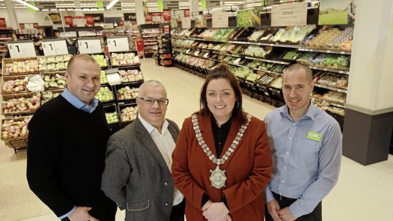Pictured are: George Rankin, senior director, Asda NI; SDLP councillor, Tim Attwood; Lord Mayor, Deirdre Hargey; and Roger Croskery, general store manager, Asda Westwood 