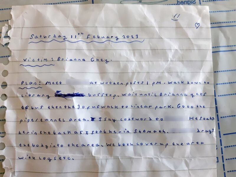 A crumpled, hand-written note of an alleged ‘murder plan’ to kill Brianna Ghey, which was found on the bedroom floor of girl X and was shown to the jury at Manchester Crown Court
