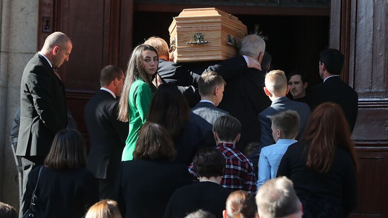 The coffin of Emma Mhic Mhath&uacute;na, one of the most high-profile victims of Ireland's cervical smear test controversy, at St Mary's Pro-Cathedral in Dublin for her funeral Mass&nbsp;