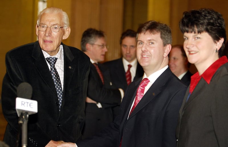 Sir Jeffrey Donaldson, centre, originally put his name forward to become leader after Arlene Foster, right, was ousted