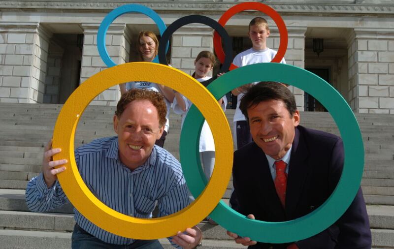 Hugh Russell pictured with fellow Olympic medal winner Sebastian Coe at Stormont in the run-up to the 2012 London Olympics