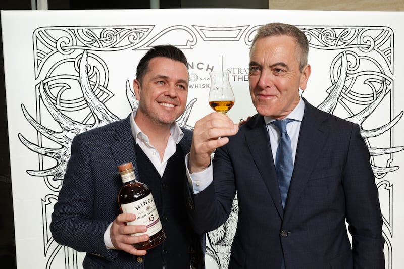 Actor James Nesbitt (right) with radio personality Pete Snodden, launching Hinch Distillery’s 15-Year-Old Oloroso Sherry Cask Finish Irish Whiskey at a recent event in Belfast.