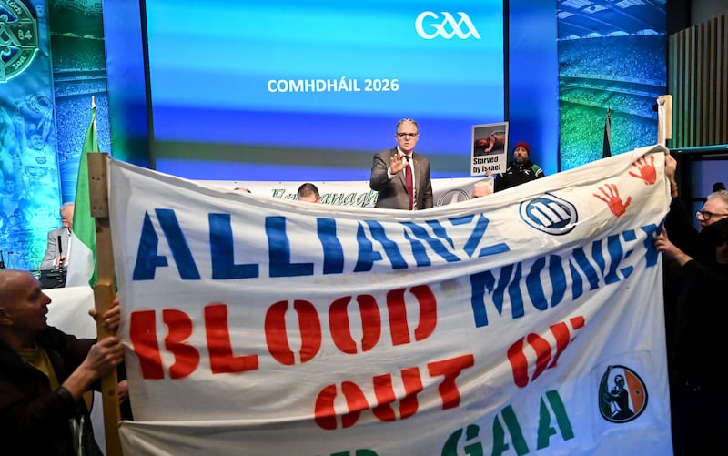 Uachtarán Chumann Lúthchleas Gael Jarlath Burns appeals to anti-Allianz protesters who gained access to the Congress floor during motions, before Congress was suspended for a time, during day two of the GAA Annual Congress at Croke Park. Photo by Piaras Ó Mídheach/Sportsfile