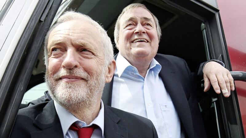 SOLUTION: Labour leader Jeremy Corbyn with former Labour deputy prime minister John Prescott during campaigning in Hull. Left, Sinn F&eacute;in president Gerry Adams  				PIctureS: Chris Radburn/PA and Mal McCann 
