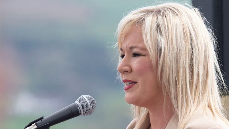 Michelle O'Neill speaking at a Sinn F&eacute;in-organised Easter parade yesterday