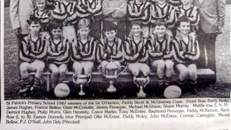 Dr O&#39;Hanlon. Paddy Short ad McGreevey Cup winners at St Patrick&#39;s Primary School 1987. Oisin is front row, fourth from left, Tony is middle row, fifth from left 
