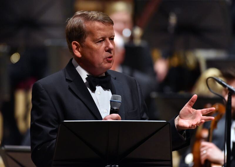 Bill Turnbull presents on stage with the Royal Liverpool Philharmonic Orchestra during Classic FM’s 25th birthday concert at the Liverpool Philharmonic Hall in 2017