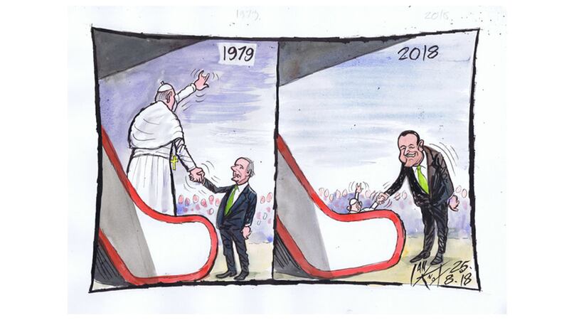 Ian Knox cartoon 25/8/18: The multitudinous faithful who greeted the towering figure of Pope John Paul when he was received by Taoiseach Jack Lynch in 1979 were greatly reduced when the less towering figure of Pope Francis is received by a very different kind of Taoiseach in 2018&nbsp;
