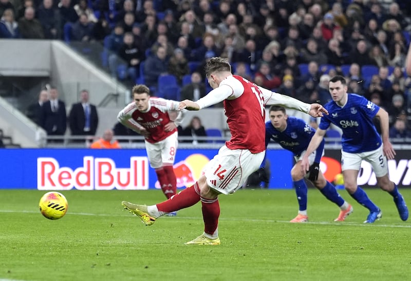 Arsenal’s Viktor Gyokeres scores from the penalty spot at Everton last season