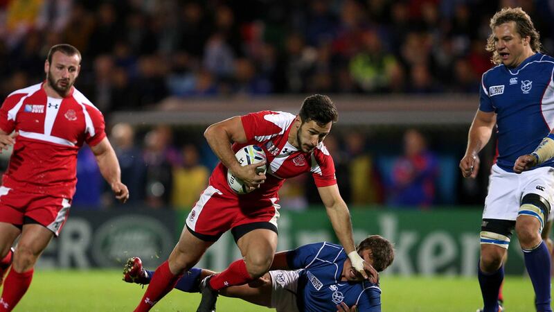 Georgia's Lasha Malaguradze breaks through the Namibia tackles during Wednesday's World Cup match at Sandy Park, Exeter<br />Picture: PA
