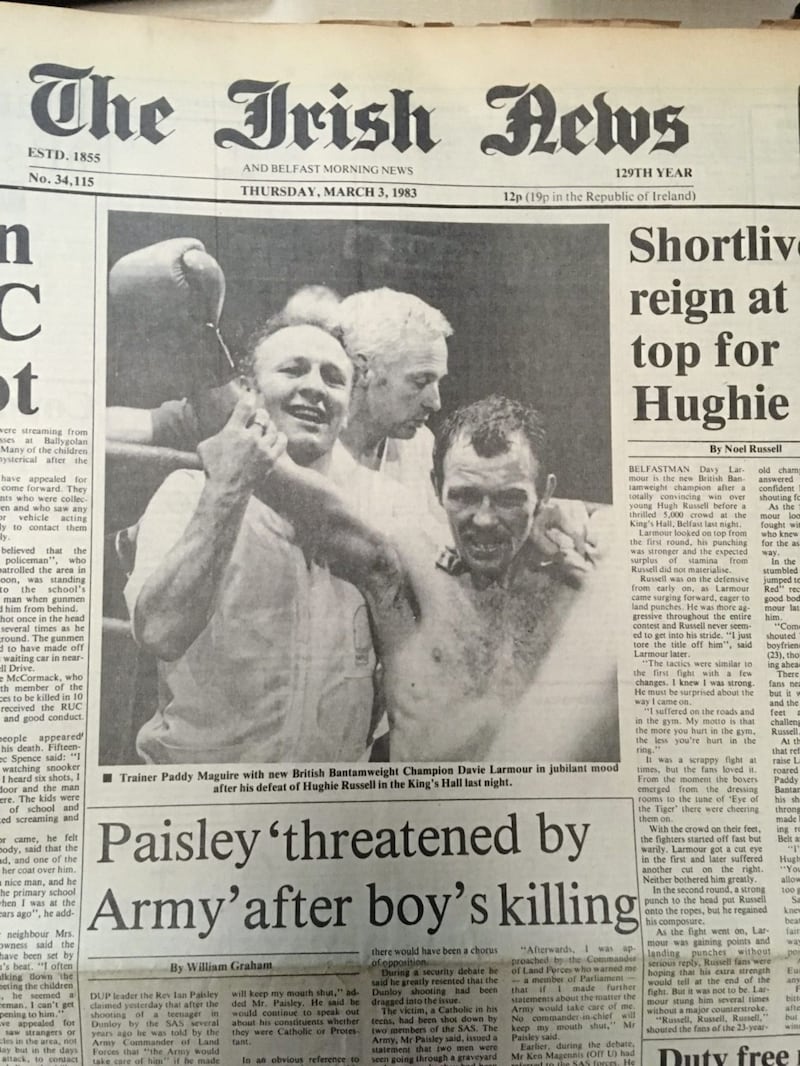 The front page of The Irish News on Thursday, March 2 1983 shows Davy Larmour celebrating with coach Paddy Maguire
