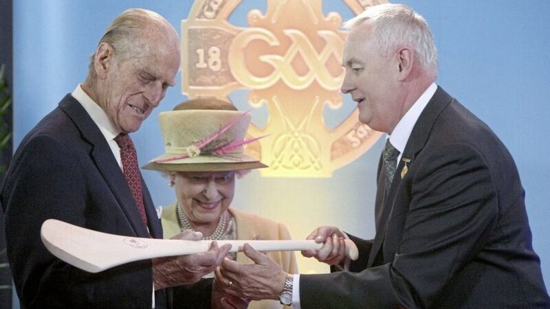 Queen Elizabeth II and the Duke of Edinburgh admire a hurley passed to them by GAA President Christy Cooney during a tour of Croke Park, Dublin, during the second day of her State Visit to Ireland in 2011. picture by Maxwells/PA Wire