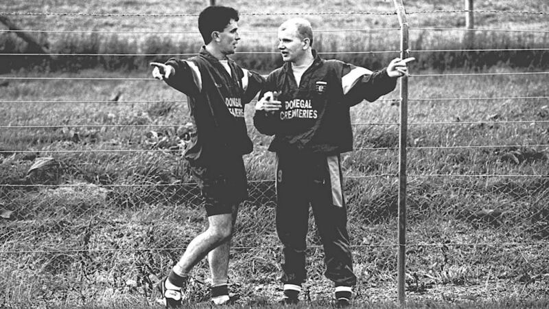 Pointing the way... Donegal manager Declan Bonner and Barry McGowan talk tactics at a team training session in Ballintra 
