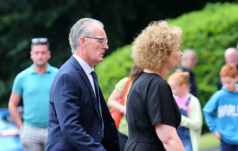 Sinn F&eacute;in's Gerry Kelly and Car&aacute;l N&iacute; Chuil&iacute;n at the funeral of former Cliftonville manager Tommy Breslin. Picture by Mal McCann&nbsp;
