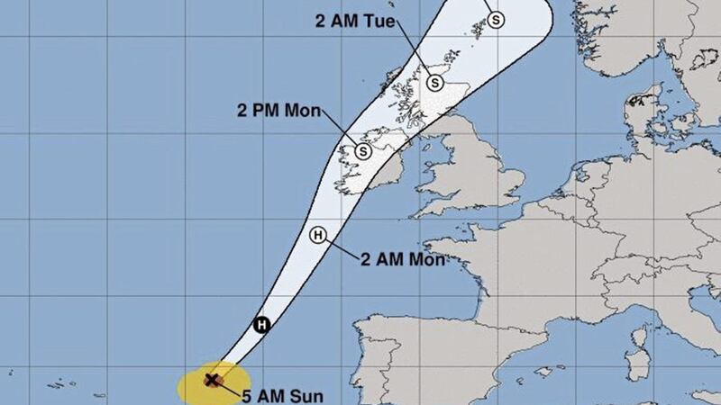 A map showing Hurricane Ophelia&#39;s path across Ireland. Picture by the National Oceanic and Atmospheric Association (NOAA) 