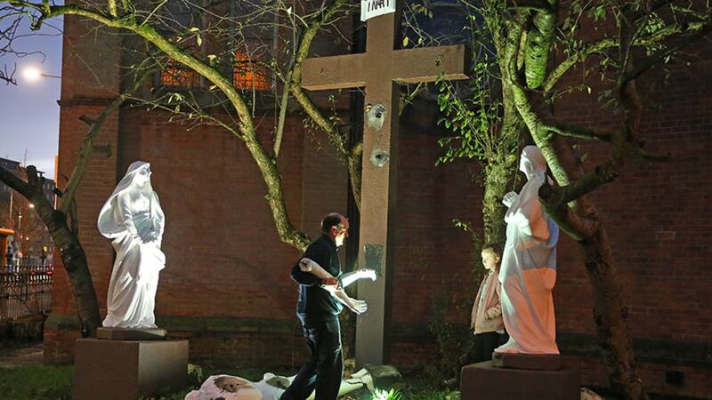 The statue of the crucified Christ had to be removed at St Paul's Church in west Belfast. Picture by Mal McCann&nbsp;