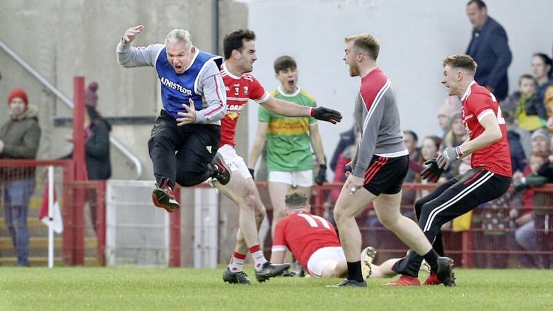 Magherafelt manager Adrian Cush leaps through the pitch on the final whistle after beating Glen during the Derry Senior Football Championship Final at Celtic Park on Sunday. Picture Margaret McLaughlin 20-10-2019 