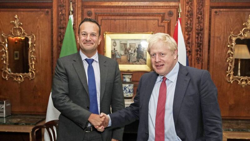 Taioseach Leo Varadkar and British Prime Minister Boris Johnson ahead of yesterday&#39;s talks at Thornton Manor Hotel in Cheshire. Picture by PA Wire 