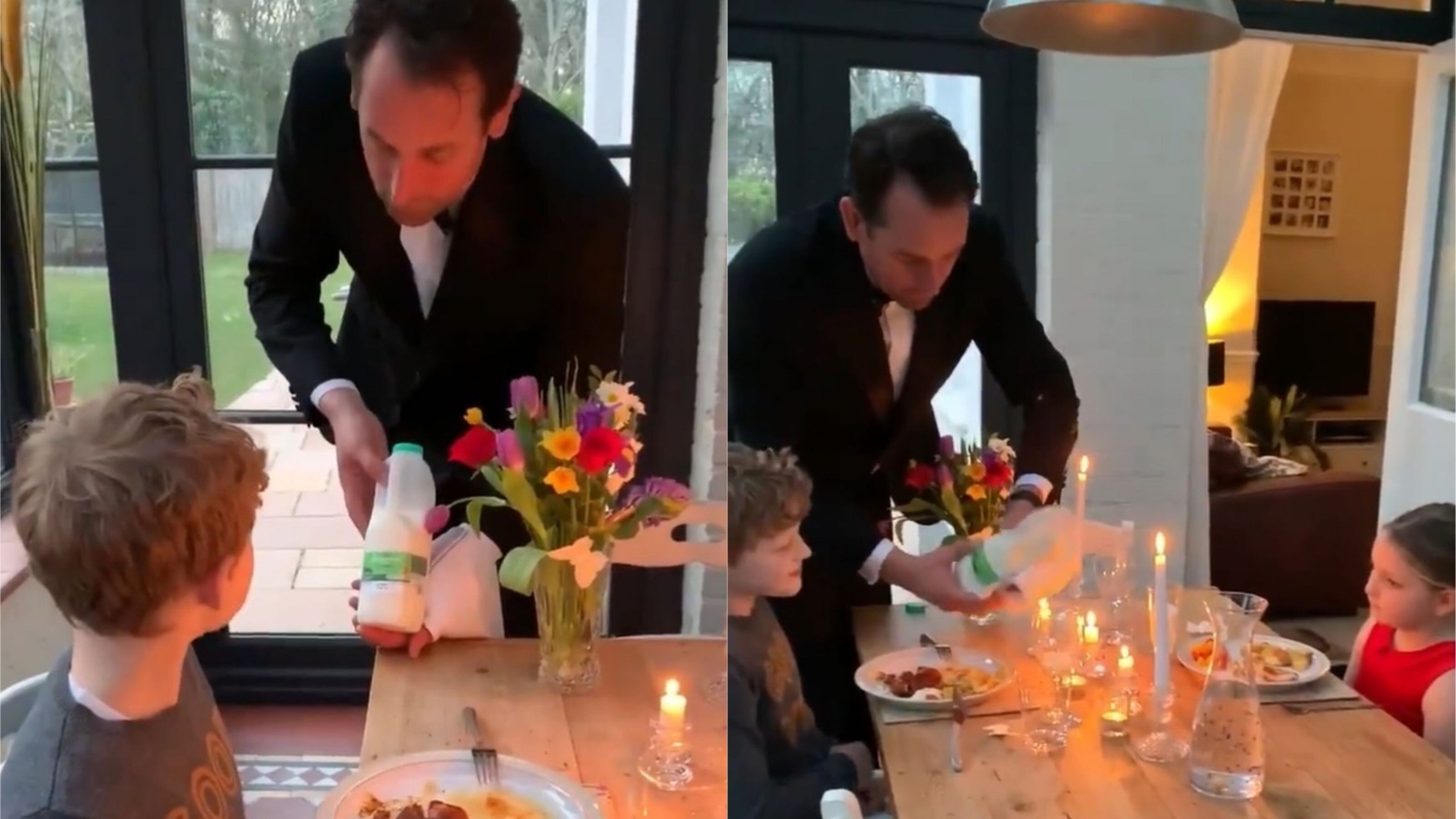 Ben Moore, from West Sussex, waited on his children as they ate at the dining table.