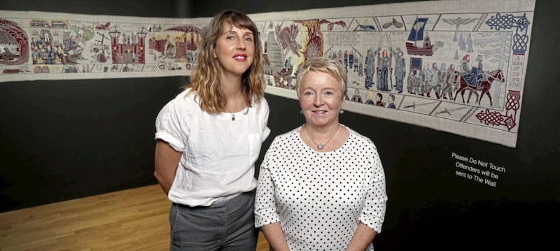 Sarah Dee, Tourism Ireland and Valerie Wilson, Curator of Costume and Textiles at National Museums Northern Ireland, at Tourism Ireland&rsquo;s Game of Thrones Tapestry in the Ulster Museum.  