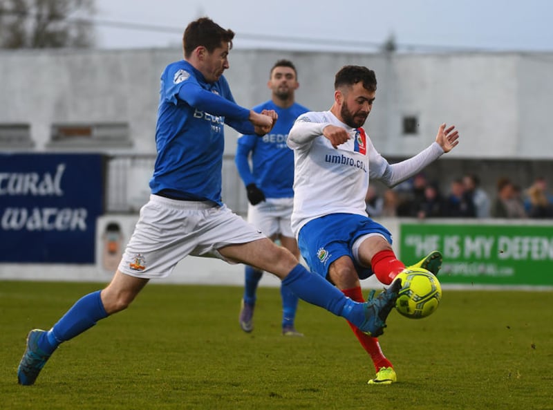 Glenavon's Andy McGrory and Linfield&rsquo;s Ross Gaynor during todays game at Mourneview Park. Picture by Pacemaker&nbsp;