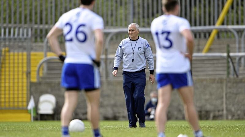 Monaghan coach Donie Buckley during the warm-up before the Allianz Football League Division 1 North Round 2 match between Donegal and Monaghan at MacCumhaill Park in Ballybofey, Donegal. Photo by Piaras &Oacute; M&iacute;dheach/Sportsfile 